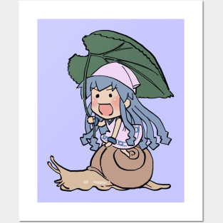 I draw happy mini squid girl riding a snail with leaf umbrella / Shinryaku Ika Musume Posters and Art
